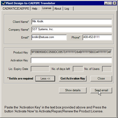 sstlm activation dialog showing product key and activation key fields