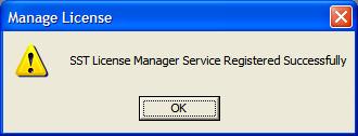sstlm's manage license confirmation window stating sst license manager service registered successfully
