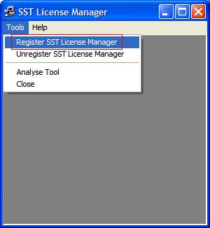 screenshot of sstlm tools menu with register sst license manager selected